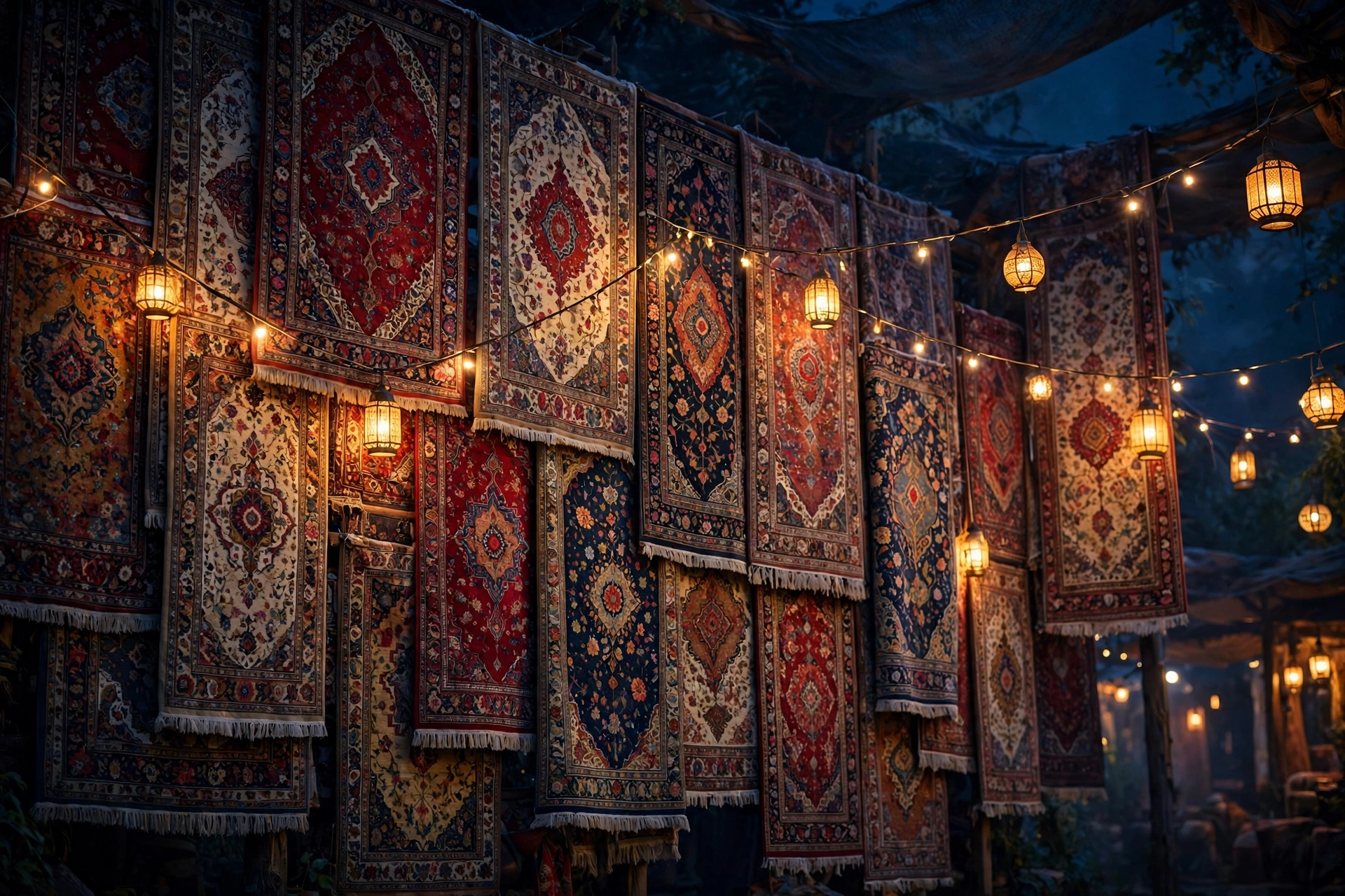 A wall of hanging oriental rugs under strings of lanterns at night