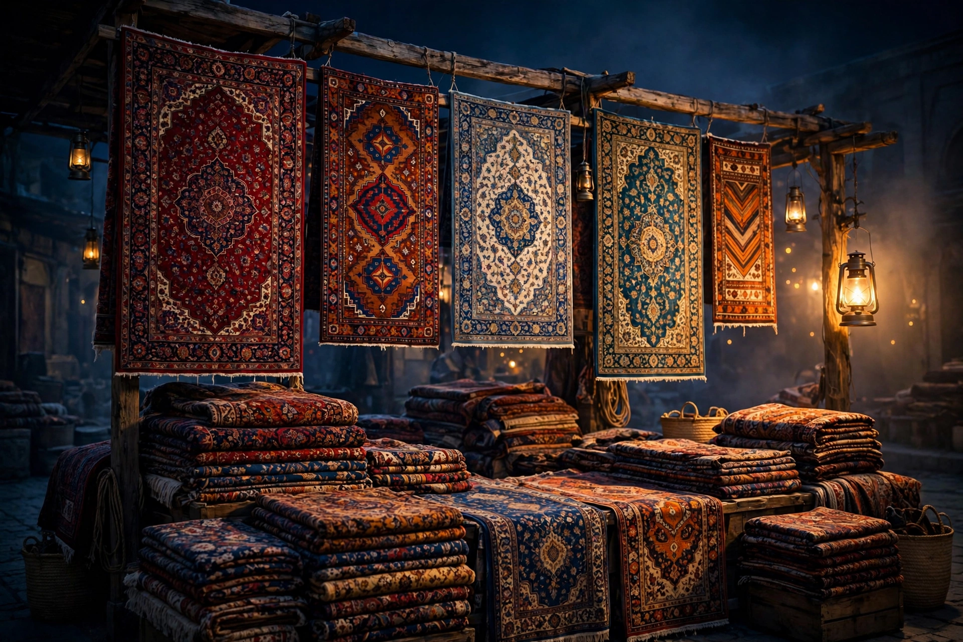 Oriental rugs hanging in a lantern-lit bazaar stall at night