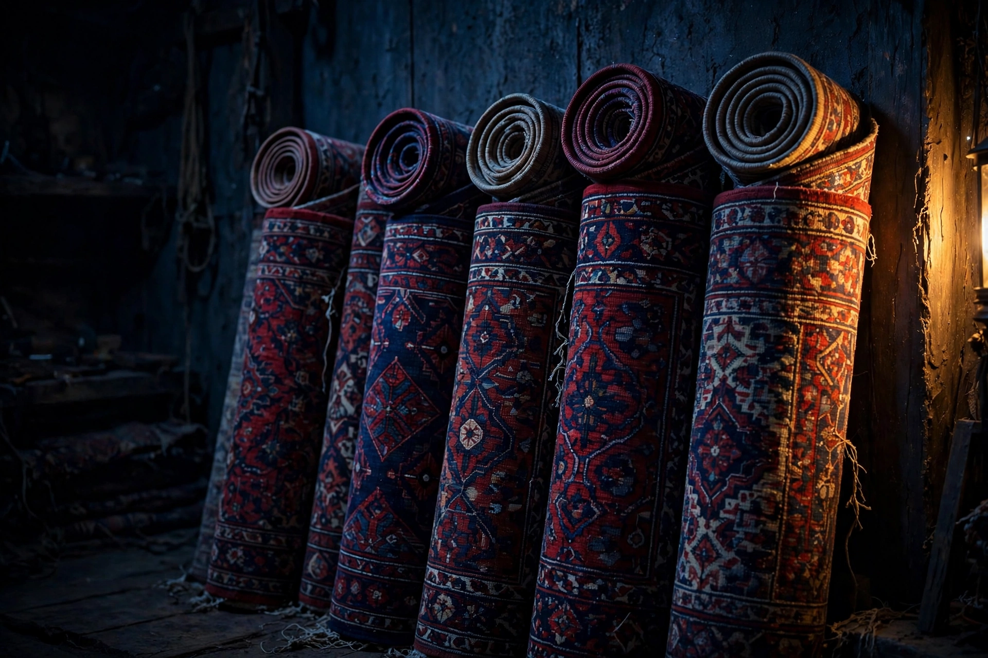 Rolled oriental rugs stacked upright like scrolls in a workshop at night